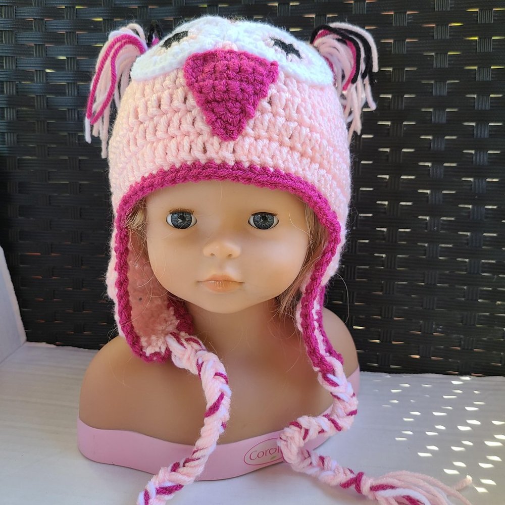 Kids Handmade Crochet Owl Hat with earflaps Pink Size 6 months